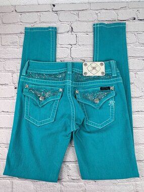 Miss Me Teal Blue Skinny Jeans - Embellished Rhinestone Flap Pocket Size 27